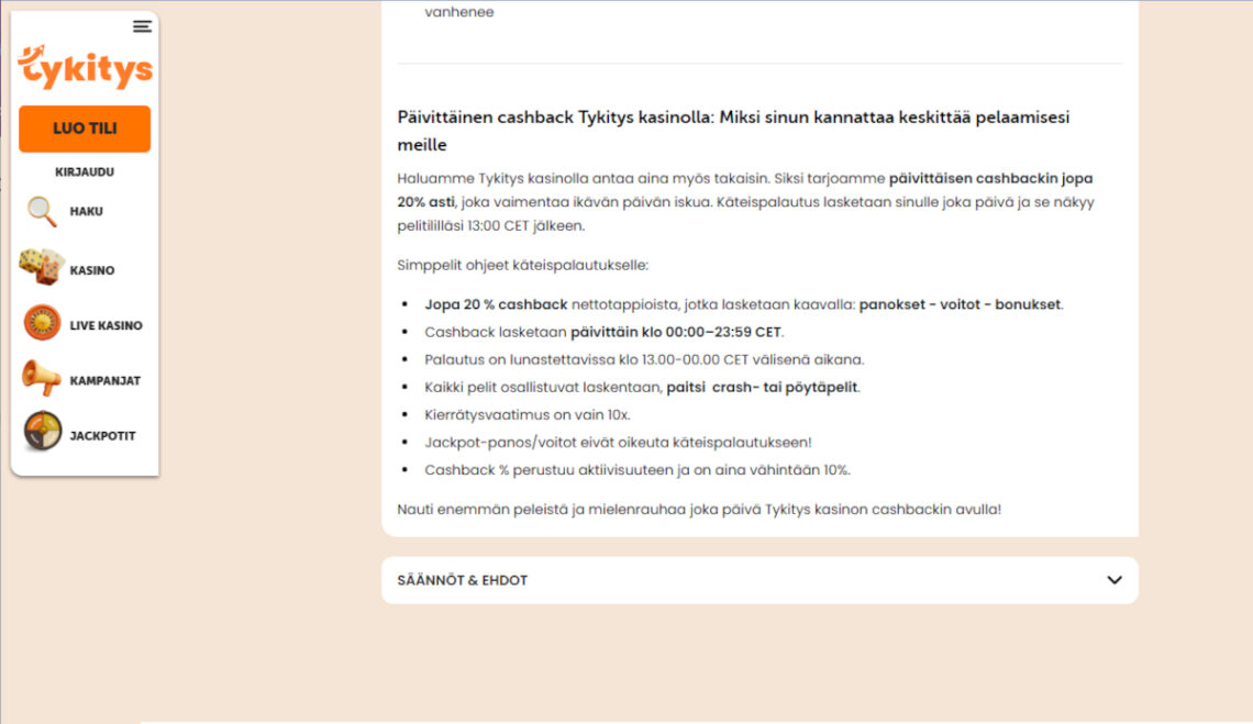 tykitys casino käteispalautus