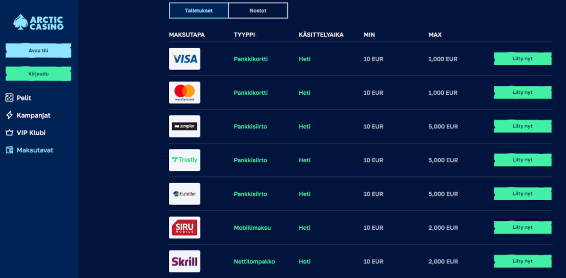 talletukset arctic casinolla